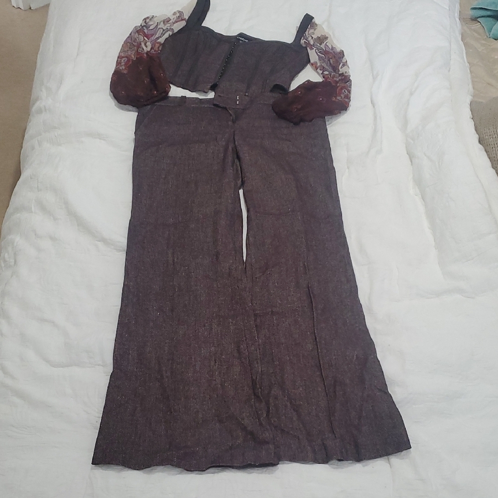 bebe Brown Pantsuit with Patterned Sleeves